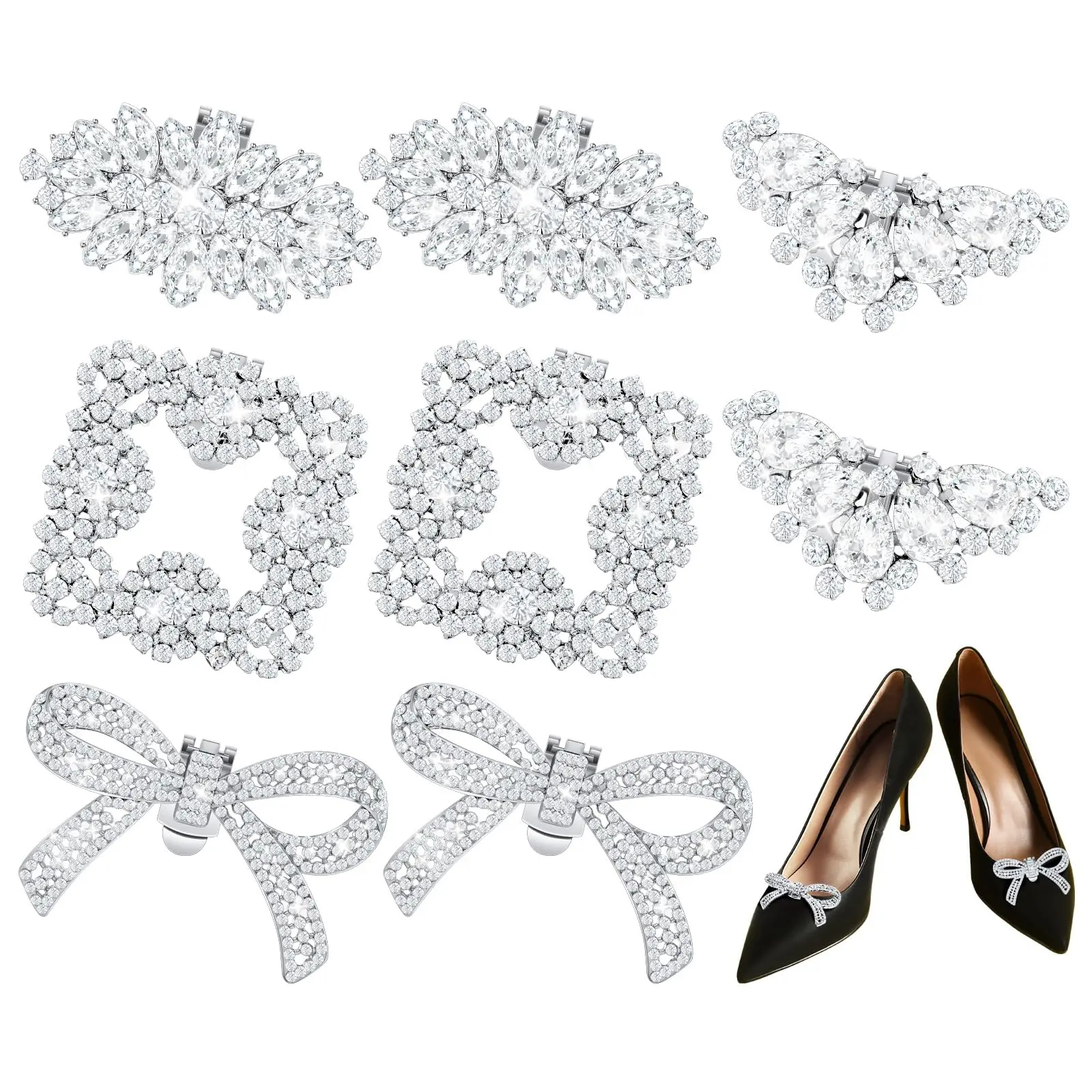 4 Pairs Rhinestone Shoe Clips for Women, Assorted Alloy Crystal Decorations in Bow, Wing & Square Shapes, Removable Accessories for Heels & Pumps