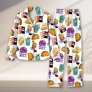 Taco Bell Short Satin Pajamas, Fast Food Print Sleepwear Set for Women, Silky Lounge Outfit, Fun Pajama Shorts, Taco Bell Fan Gifts