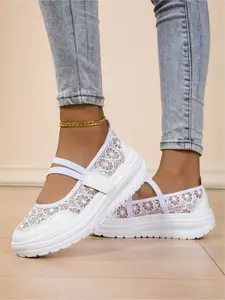 Women's Breathable Lace Mary Jane Platform Shoes Thick Sole Casual Loafers Non Slip Comfort Velcro Strap White Casual Walking Fashion Sneakers