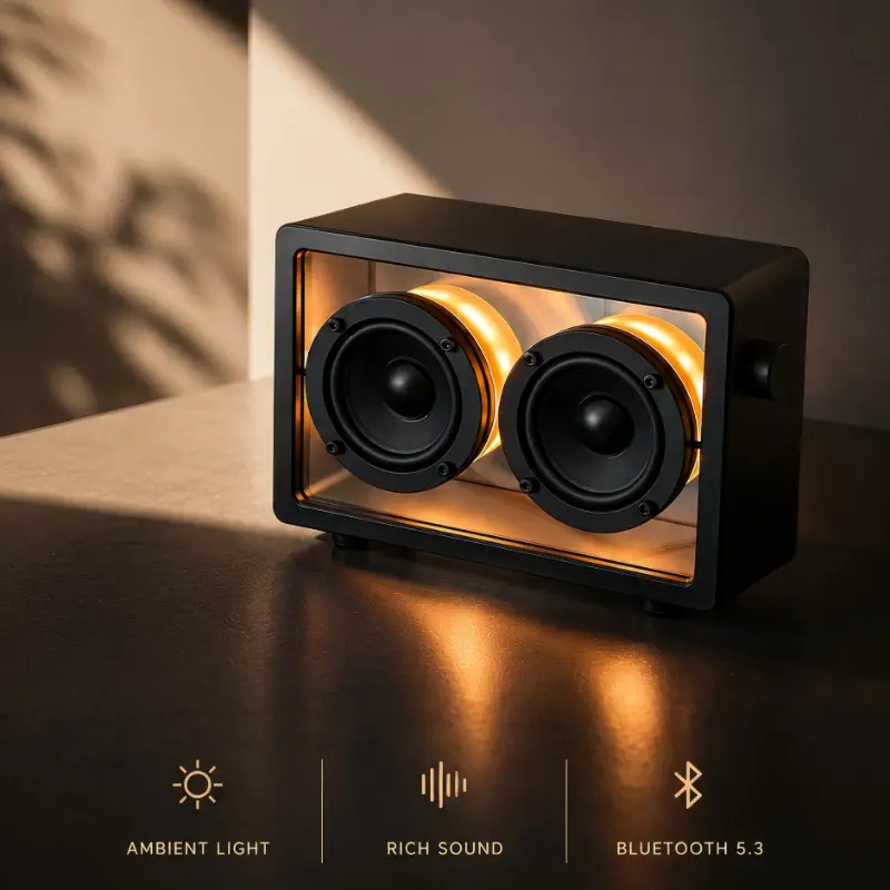 JAYINE Retro Cassette Portable Bluetooth Soundbox - Transparent Home Audio Speaker with 5 Light Modes, USB Type-C Charging, Aux Input, Streaming Connection, Bass Boost, 6h Nonstop Play, Cool Gadget Gift for Adults, Room Decor
