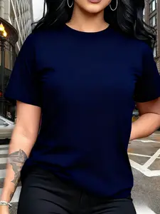 Women's Short Sleeve T-Shirt 100% Cotton Dark blue Basic Solid Tee 10 Colors Available Stylish Versatile Casual Daily Wear Layering Trendy Fashion Top for Ladies