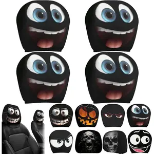 Funny Cartoon Car Headrest Covers – 2PCS Universal Fit, Double-sided Printed Big Eyes Cartoon Car Headrest Cover with Elastic, Spooky Car Headrest Protector, Universal Interior Car Accessories, Perfect for Halloween/Christmas Holiday Decor