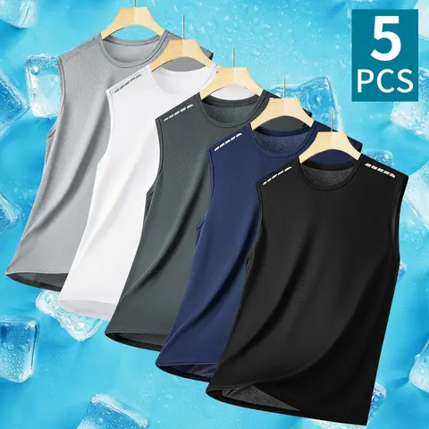 Men's 5-Pack Polyester Lightweight Sports Vests - Quick-Drying, Breathable, Sleeveless, Machine-Washable Outdoor Summer Casual Sportswear (Black)