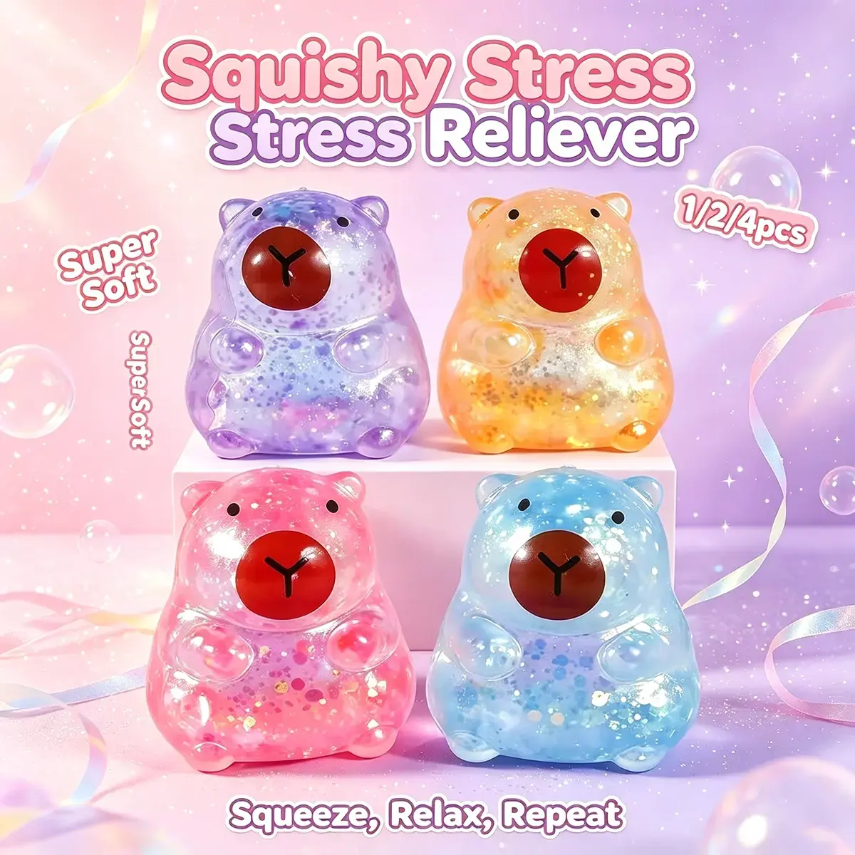Glitter Capybara Squishy Stress Relief Toy, Soft Glitter Squeeze Sensory Fidget Toy for Anxiety Relief, Cute Cartoon Animal Pinch Toy for Kids Adults, Stress Relief Squishies