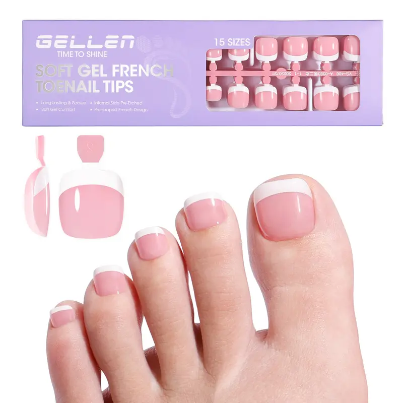 Gellen Long-Lasting Pink French Toe Nail Kit Set, 15 Sizes Short French Tip Toe Nail Tips, Acrylic Toenail Extensions for Thanksgiving, Christmas Gifting