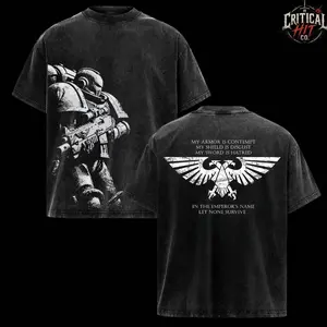 Space Marines Warhammer 40K Vintage Washed Oversized T-Shirt, Heavyweight Cotton Grimdark Gaming Graphic Tee, Retro Sci-Fi Streetwear Fashion Top, Acid Wash Y2K Gamer Merch, Unisex Tabletop Wargaming Fan Gift Tee KGY
