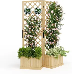 Cedar Privacy Screen with Planter Box - 2-Panel Freestanding Garden Fence, 41 in x10 in x65 in Tall Outdoor Divider with Drain Holes & Raised Bed for Patio, Deck & Backyard (Natural Wood)