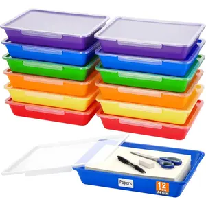 Tinlade 12 Pcs Paper Storage Bin with Clear Latching Lid, Label Colored Plastic Stackable Letter Size Flat Tray Container Classroom Home Office School Teacher Arts Crafts Sorting (Rainbow,13x10in)
