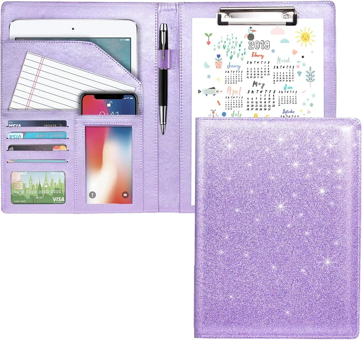 Folder Padfolio Cover, Conference/Legal Document Organizer with Letter/A4 Size Clipboard, Document Sleeve, Glitter Purple