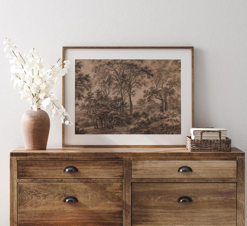 [SALE UP TO 50%] Antique Moody Charcoal Landscape Printable  Brown Landscape Painting Print Watercolour Brown Dark Wall Art Vintage Woods Sketch Woodland