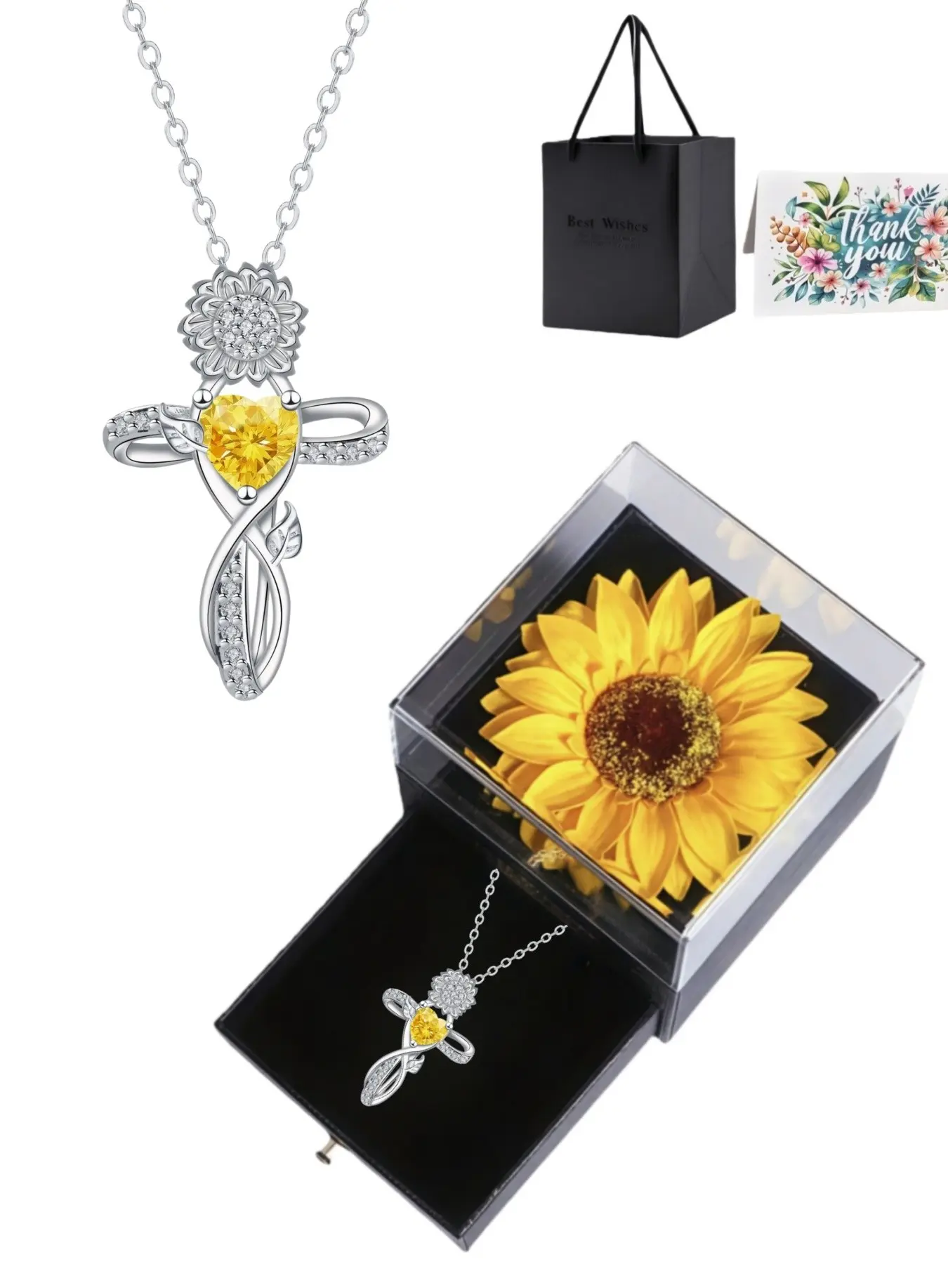 Starry Weave Sunflower Heart Eternal Necklace Bling Pendant Sparkling full-zircon sunflower heart yellow diamond cross necklace. With preserved sunflower jewelry gift box, perfect gift for birthdays, Mother’s Day and Valentine’s Day.
