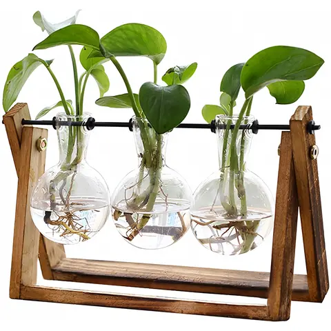 Vintage 3-Bulb Glass Vase Plant Terrarium with Wooden Stand - Metal Swivel Holder, Desk-Size 5.5" W, Hydroponic Suitable for Birthday, Anniversary, Artificial Flowers, Home Decor