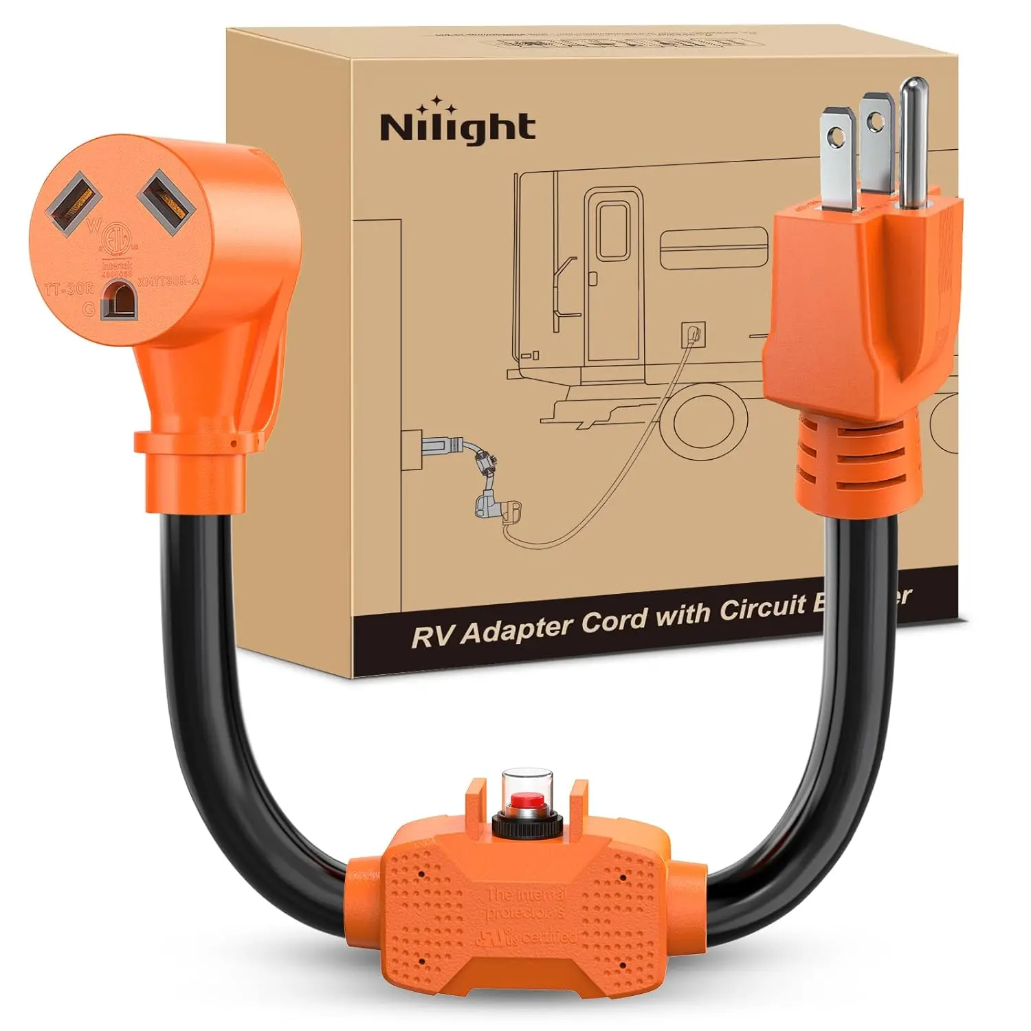 Nilight Heavy-Duty RV Power Adapter Cord - 30A, 15A to 30A Plug, NEMA TT-30R Female/5-15P, 110V-125V 1875W, 10 Gauge Copper Flexible Wire, ETL Listed, Outdoor, Overload Safe, Waterproof, Ergonomic Grip, 18 inch, Generator Power Convert for RVs