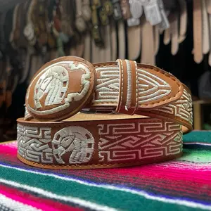 Horse Shoe Embroidered Cowboy Belt. Men’s Mexican Western Belt. Men’s Brown Leather Belt. Cinto Vaquero Bordado. Cinto Piteado De Piel.