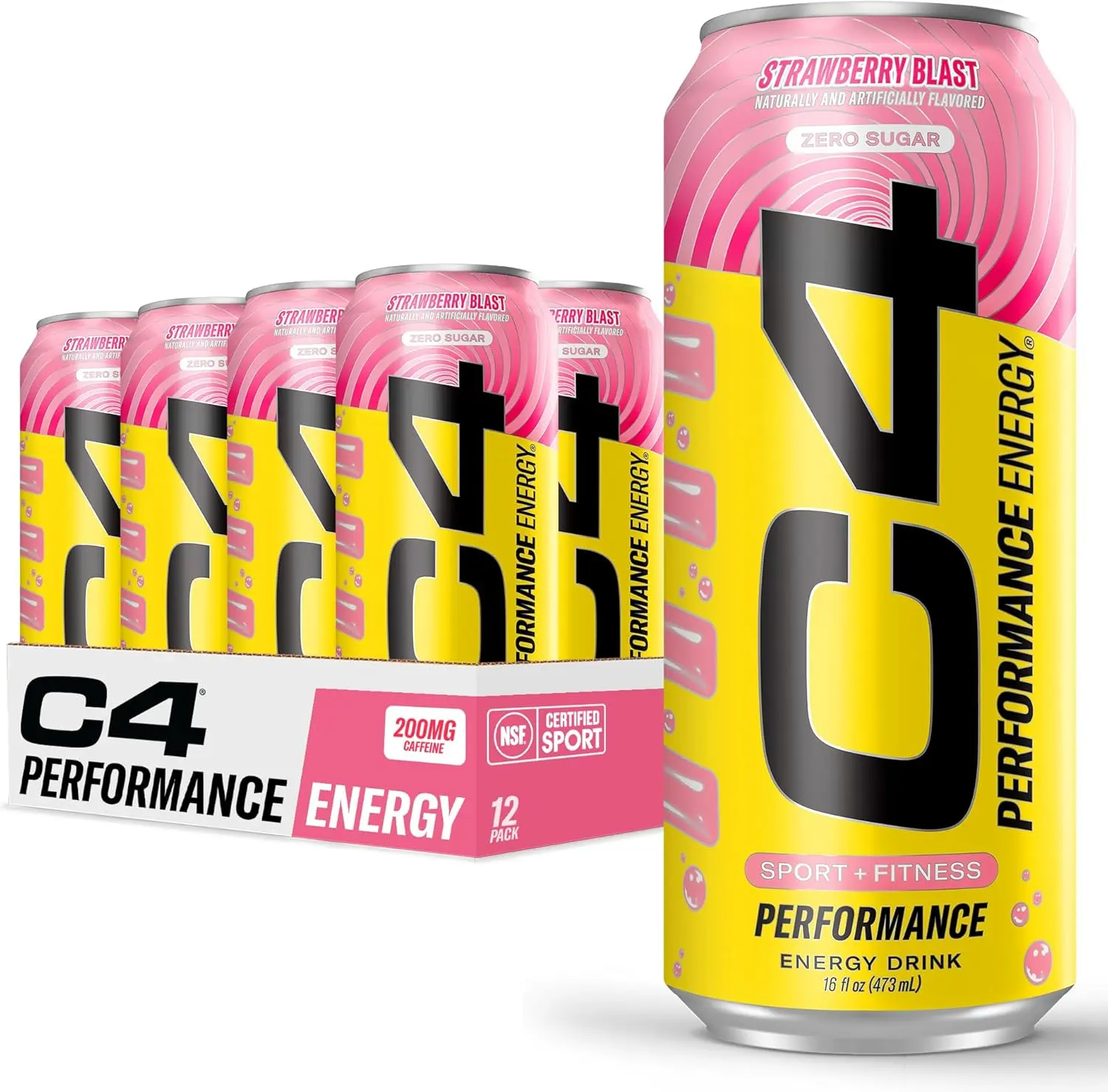 C4 Performance 0 Sugar Energy Drink, Strawberry Blast Flavor, 12-Pack - 200mg Caffeine, Beta-Alanine & BetaPower Betaine for Explosive Energy & Performance