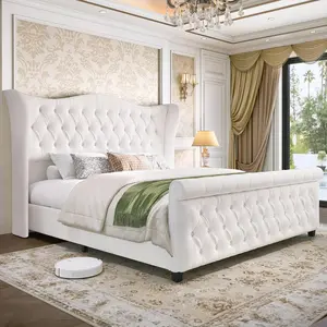 Queen King Size Chenille Upholstered Bed Frame, Sleigh Platform Bed Frames with 51" Tall Wingback Headboard & 27" Scroll Footboard, Button Tufted/No Box Spring Required/Wood Slats Support/Cream