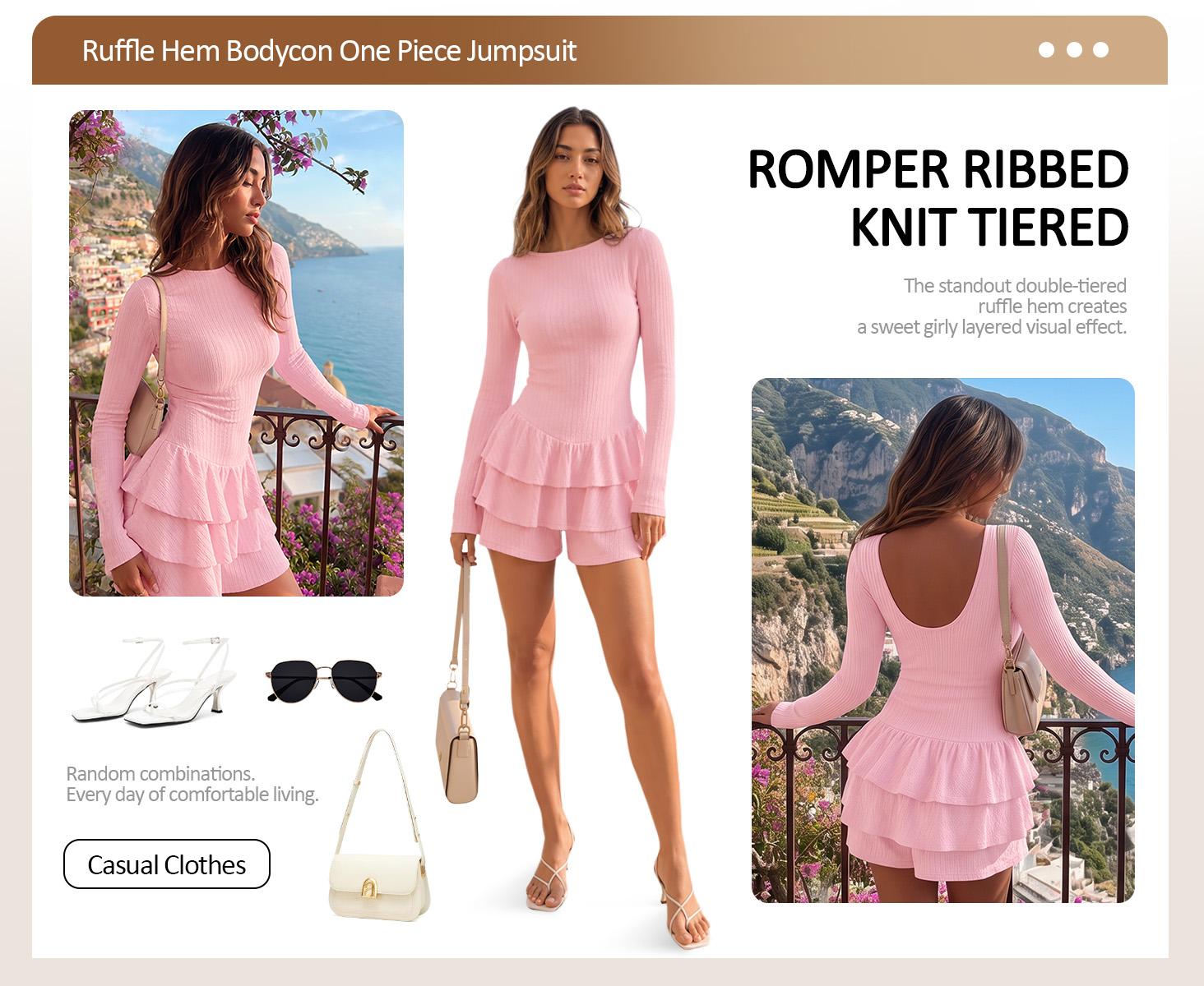 YOUSIFY Ladies Boat Neck Long Sleeve Skort Romper Ribbed Knit Tiered Ruffle Hem Bodycon One Piece Shorts Jumpsuit