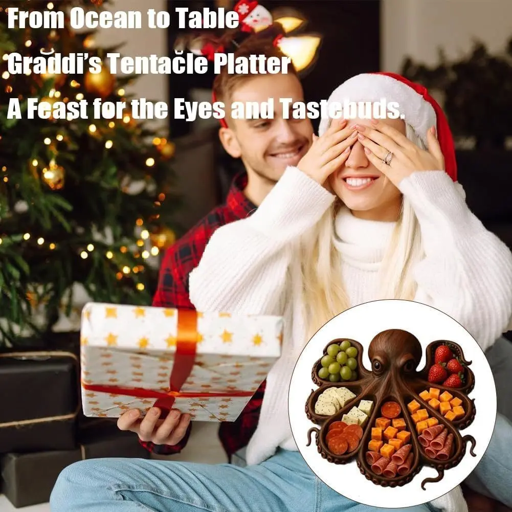 Christmas Octopus Snack Tray, Wooden Fruit & Nut Organizer, Creative Beach Theme Serving Plate for Home Kitchen Use