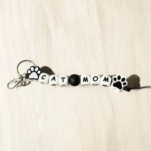 Hand Beaded Cat Mom Keychain