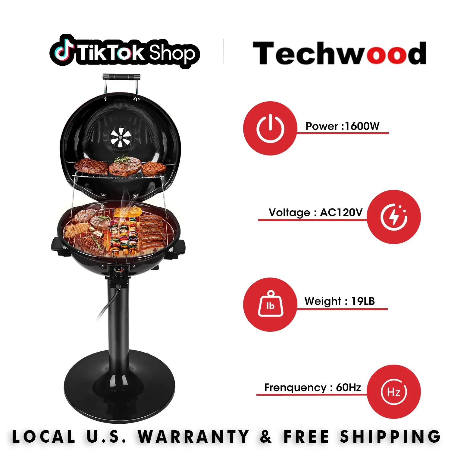 Techwood 1600W Corded Electric BBQ - 15-Serving Smokeless Indoor Grill, Fast-Heating Nonstick Large Grilling Surface, Double Layer, Circular Top, Portable Barbecue Grill with Removable Stand for Family Use