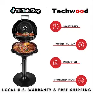 Techwood 1600W Corded Electric BBQ Grill - 15-Serving Smokeless Cook, Double Layer Design, Circular Top, Portable Barbecue Grill with Removable Stand, Fast-Heating Nonstick Large Grilling Surface for Indoor Family Use