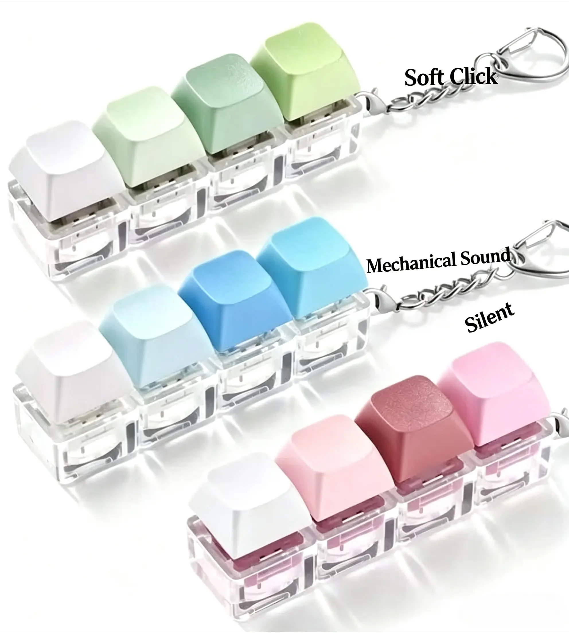 Synthetic Solid Colors 4-Key Compact 4-in-1 Silent/Loud Dual Sound Fidget Clicker Keychain, Straight-Shape Stress Relief Portable DIY Bag Accessory, Clip-On Charm for Stress & Mood Relief, Everyday Carry