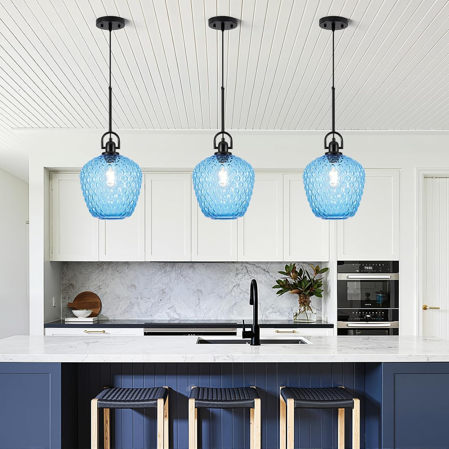 Large Glass Pendant Lights Kitchen Island, 10" 1-Light Black Fixtures with Blue Hammered Glass Modern Hanging Light for Kitchen Island Dining Room Entryway Foyer