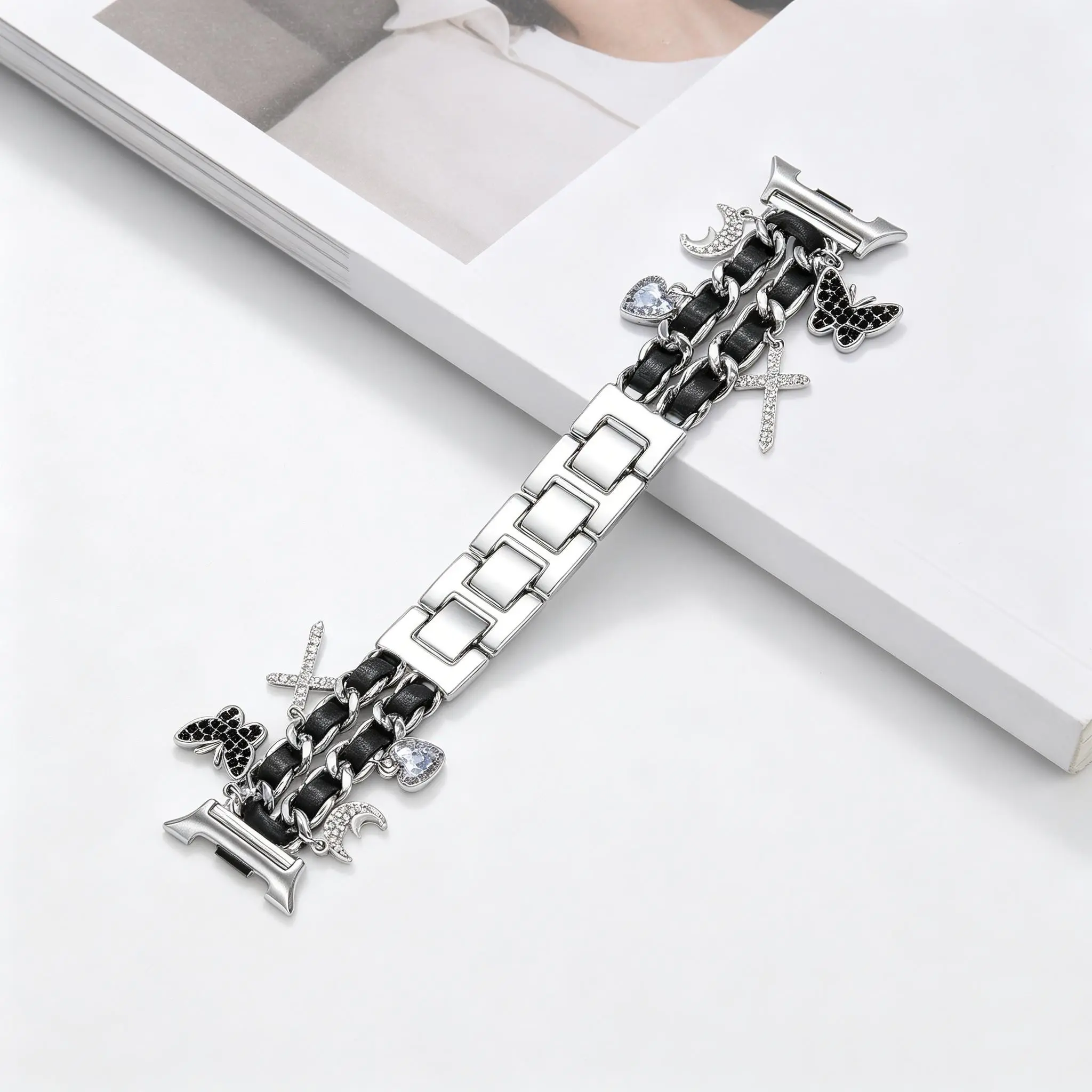 Cuban chain strap compatible with Samsung Galaxy Watch 8 40mm/44mm, Galaxy Watch 8 Classic 46mm, shiny diamond metal wristband with cute pendant, butterfly pendant metal wristband