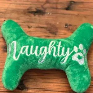 Dog Christmas Stoking Stuffer - Green Naughty Bone Shape with Embroidered Text for Festive Pet Treats