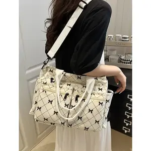 Fashion Colorblock Bow Print Shoulder Bag, Lightweight Tote with Multiple Pockets, Large Capacity Laptop Compartment Bag for School & Daily Use, Fashionable Patterned BagGift