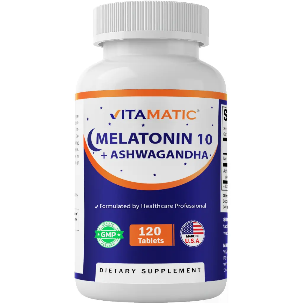 Vitamatic Dietary Sleep Supplement with 10mg Melatonin, 250mg Ashwagandha 4:1 Extract, 120 Lactose-Free Vegetarian Tablets for Healthy Sleep & Calmness, Healthy Sleep Supplements