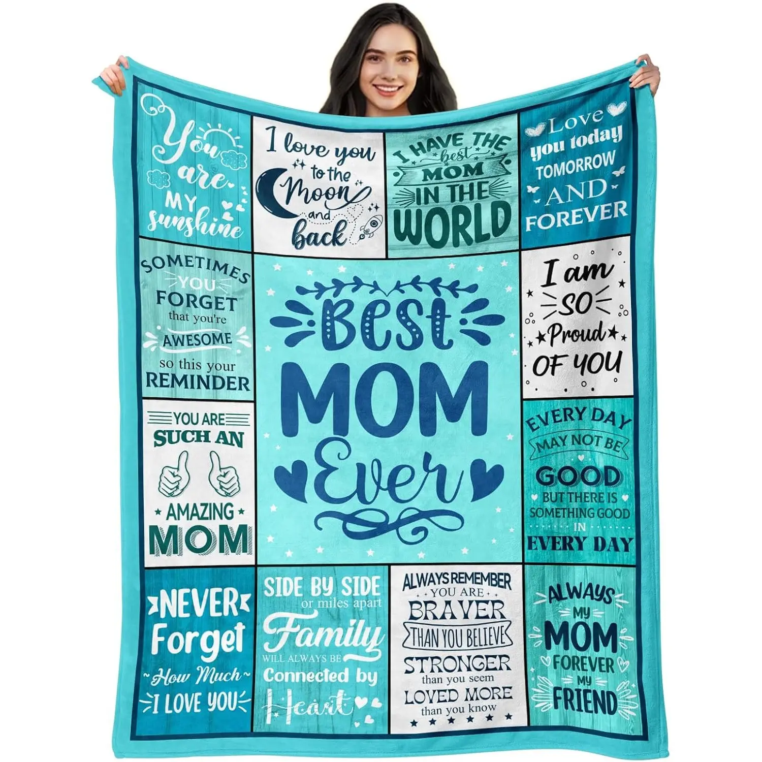 Best Mom Ever Gift for Mom Soft Cozy Flannel Blanket - Teal Blue Inspirational Love Quotes Print Plush Throw, Warm Fuzzy Bedroom Sofa Blanket, Perfect Mother's Day Birthday Christmas Gift for Mom Wife New Mom from Daughter Son Home Decor