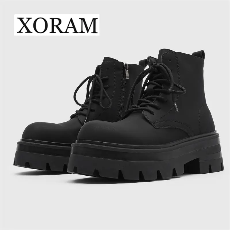 XORAM Men's Trendy Side Zip Round Toe Moto Boots, Men Winter Thick Sole Fleece Lined Daily Wear High Top Work Footwear7431-H
