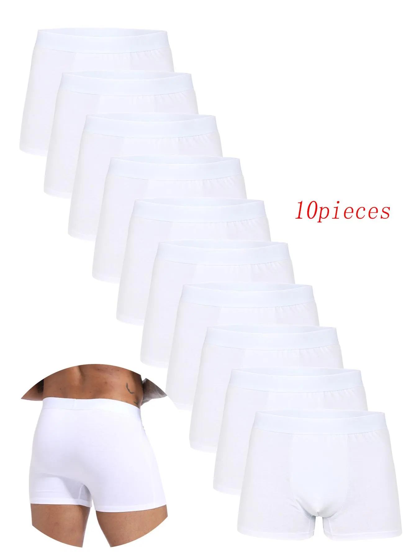 10-Piece Men's White Plain Minimalist Classic Fitted Boxer Shorts, Breathable Polyester Fabric Casual Comfy Underwear