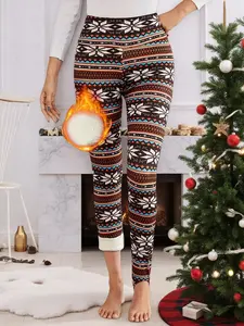 Women's Christmas Deer Winter Warm Leggings, High Waisted Stretch, High Waist Elastic Fashion Slim Fit Bottoms, Casual Comfortable Underwear for Women