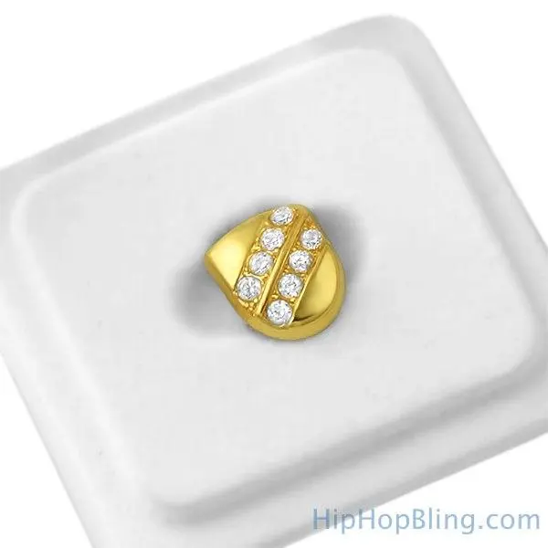 Gold Plated Single Tooth Grillz with Diagonal CZ Diamond Tooth Gems - Hip Hop Style Removable Brass Cap with Silicone Fit & Storage Box, Cz Diamonds, Diagonal Pattern, Teeth Decoration