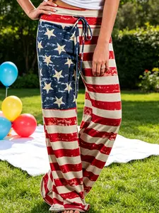 Womens 4th of July Wide Leg Pants American Flag Print Casual Trousers 2026 USA 250 Independence Day Outfit Patriotic Loose Sweatpants Lightweight Summer Loungewear Red White Blue Holiday Flowy Pants