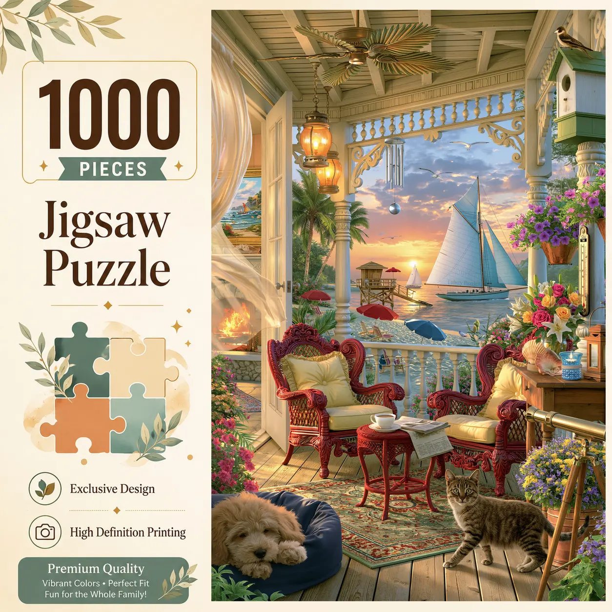 Seaside Porch Cat and Dog 1000 Pieces Jigsaw Puzzle, Coastal Cottage Sunset Art Puzzle for Adults, Challenging Brain Exercise for Family Game Night, Stress Relief Relaxation Wall Decor and Gift for Pet Lovers and Seniors, 19.7x29.5inch(50x75cm)