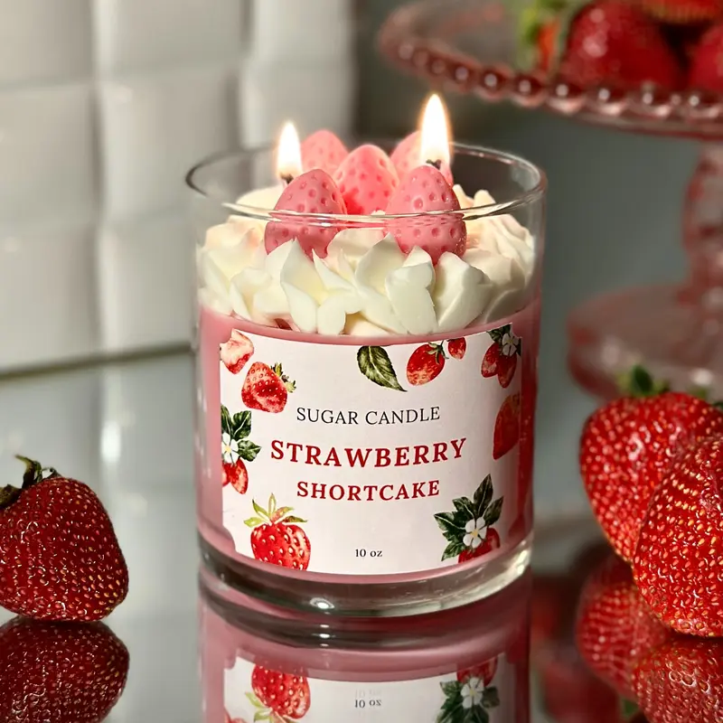 Sugar Candle Strawberry Shortcake Soy Candle Handmade Dessert Candle Sweet Strawberry Scent Gift for Her Vegan Cruelty-Free Natural Soy Wax 10 oz - Fragrance, Decor