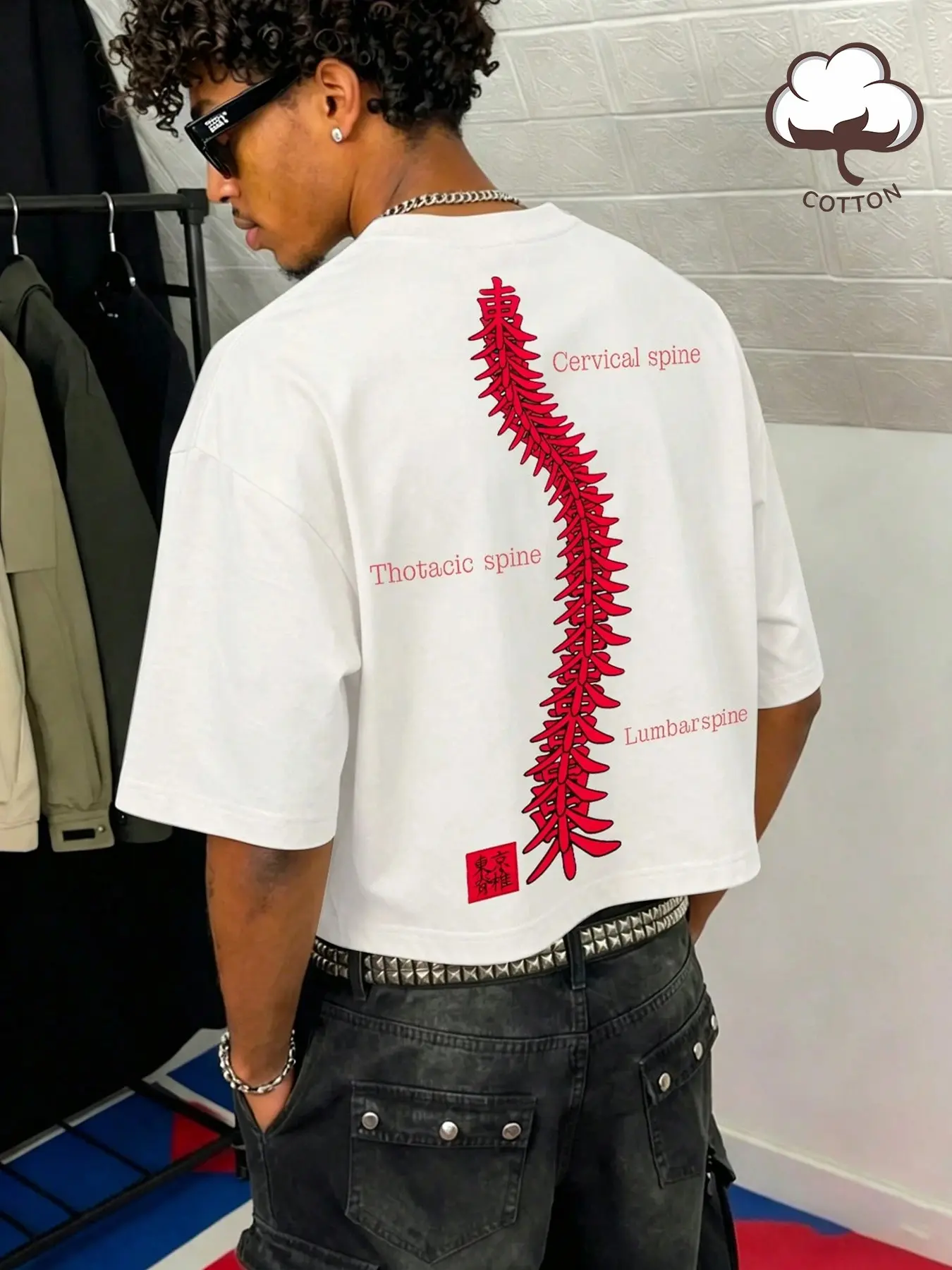 Men's Oversized White Cotton T-Shirt With Red Spine Graphic Print Gothic Streetwear For Casual Daily Wear