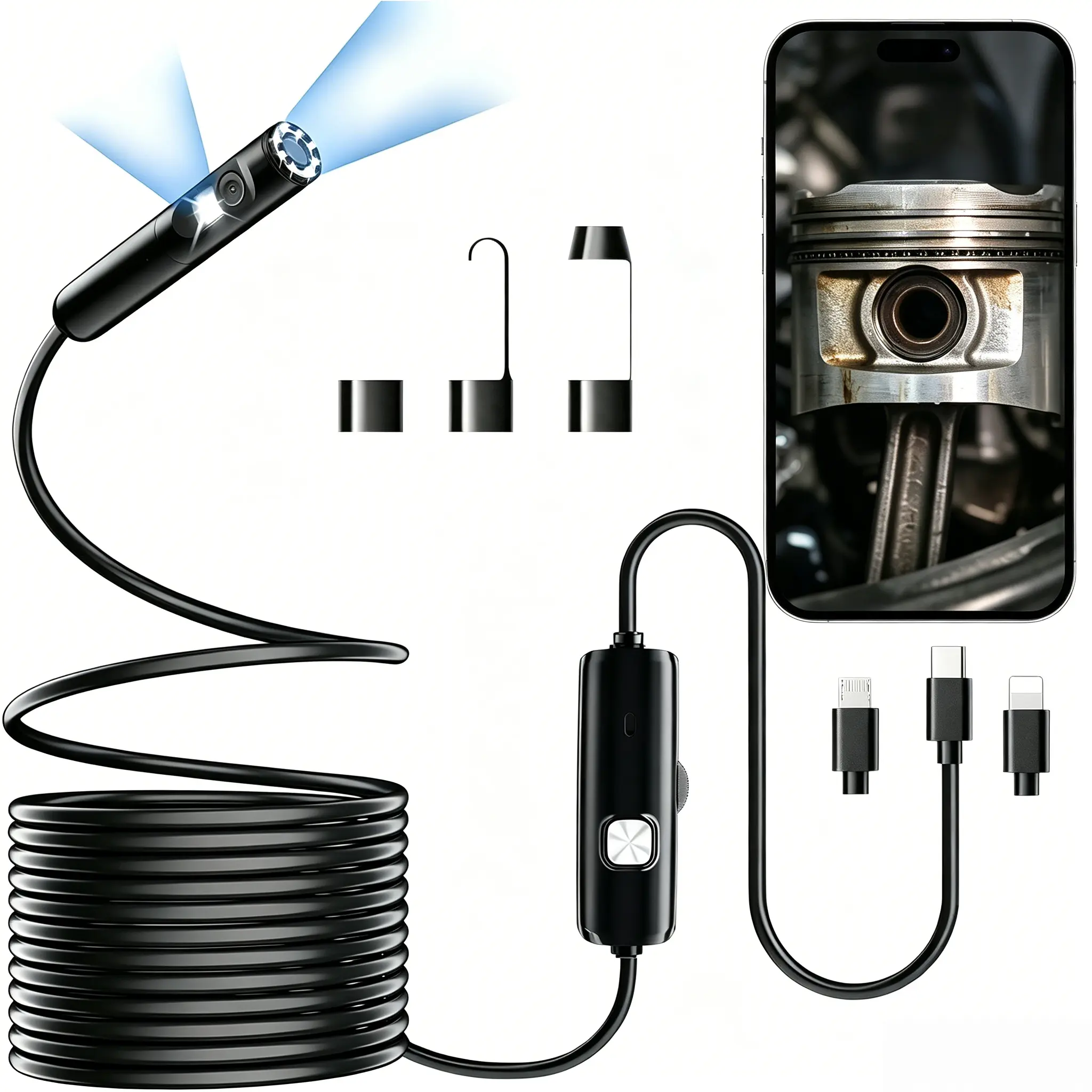 Endoscope Camera with Light,1920P HD Borescope Tools with 8 Adjustable LED Lights,Endoscope with Semi-Rigid Snake Camera,IP68 Waterproof Inspection Borescope for iOS and Android,3.3FT/16.4FT/32.8FT Dual-Lens,Practical Auto Repair Tool, Father's Day Gift