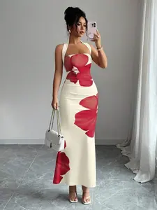 Elenzga Women's Floral Halter-Sleeve Dress 2025 Summer Polyester Chic Women's Clothes, Sleeveless Option, Tie Waist, Slim Fit, Mid-Length, Elegant Casual Wear, Breathable Fabric