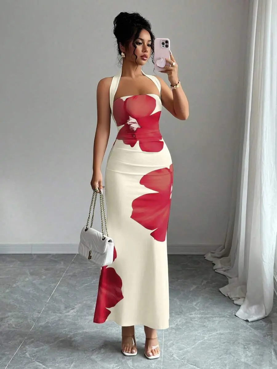 Elenzga Women's 2025 Summer Polyester Knit Fabric Casual Dress - Halter-Sleeve/Sleeveless, Queen Anne Floral Print, Slim Fit, Mid-Length, Breathable, Elegant Chic, Tie-Waisted, Ideal for Going Out, Plants, Tie Waist, Floral Pattern, Mid-Length Dress, Body