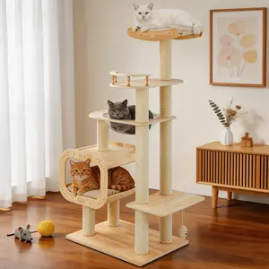 【Mother's Day Gifts】Modern Heavy-Duty No-Drill Cat Tree – Solid Wood Multi-Story Board, 4-Story Multi-Column Cat Tower, 57.9” for Multi-Cat Households, Open Condo, Space Capsule & Perch, Natural Wood Indoor Pet Furniture tiktokshopspringglowup