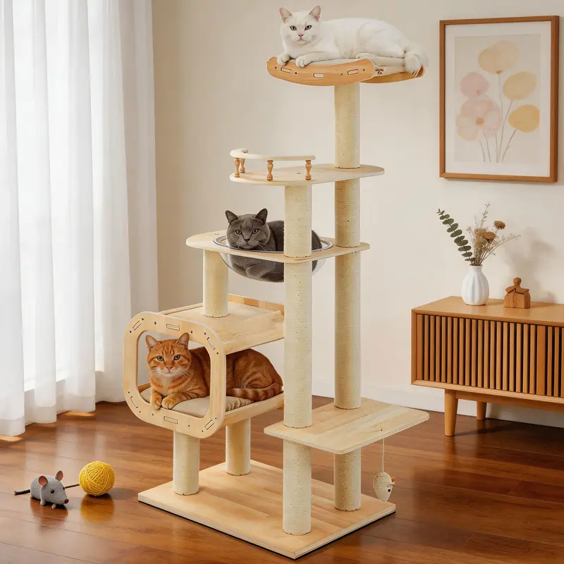【SohoChic】Heavy-Duty No-Drill Solid Wood Cat Tree, 4-Story Multi-Column 57.9” Freestanding Pet Furniture, Safe, Elegant Style, Waterproof, Detachable, Open Condo, Space Capsule & Perch for Multi-Cat Households, Safety, Modern