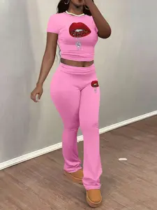 Lip Pattern print Spring Summer Casual Outdoor Home Women's Solid Color Short Sleeve Long Pants Two-Piece Set, Crop Top + Flare Pants