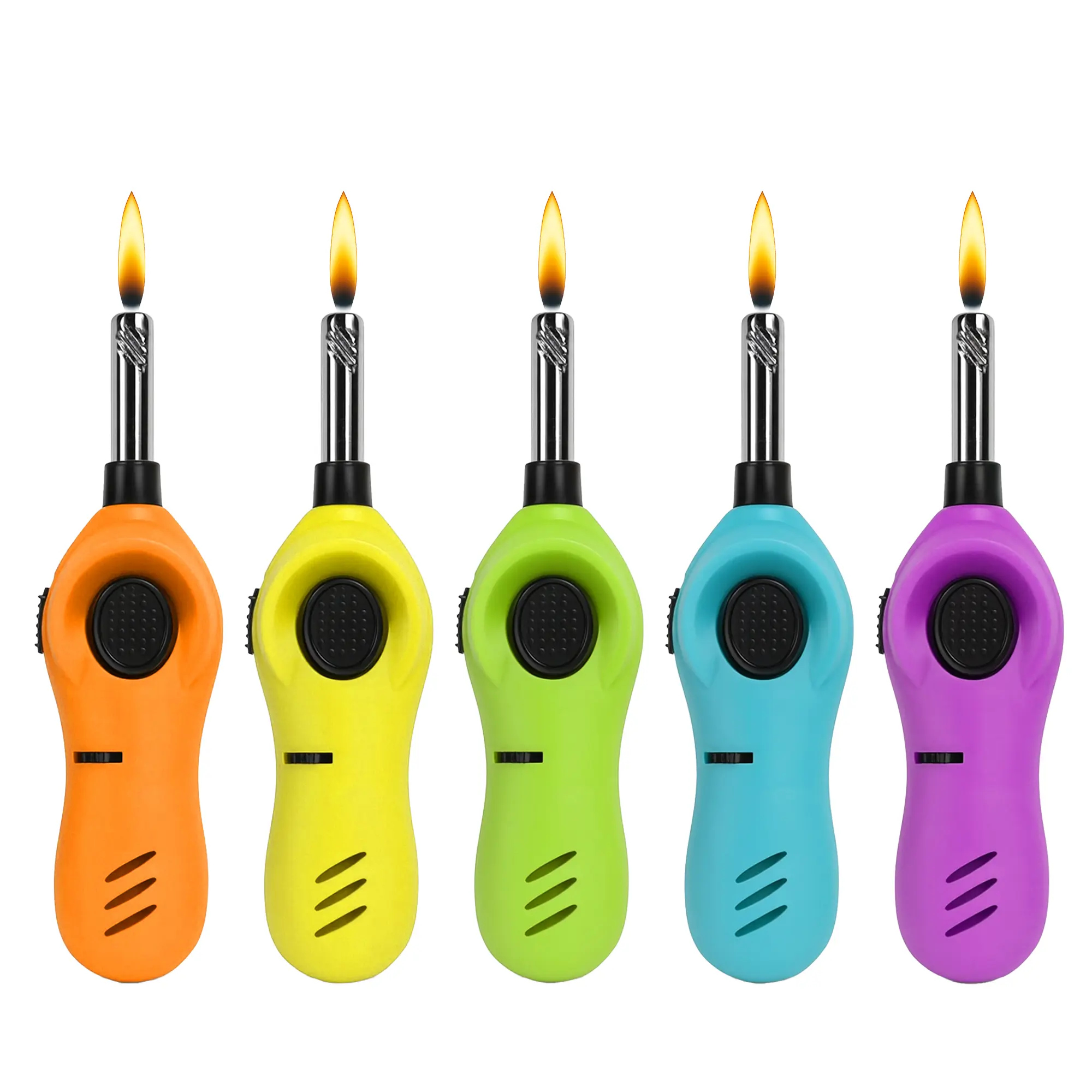 Taughch Pack of 5 Colorful (Yellow, Purple) Long Neck Mini Metal-Plastic Handy Candle Lighters - 13.8*3.2*2.5 cm, Extended Wand, Secure Safety Lock, Butane Refillable, Piezo Igniter, Ergonomic Design, Butane Included, for Kitchen Stove, Outdoors, Gas