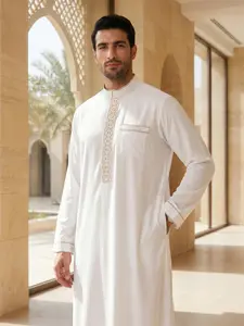 Islamic Traditional Men's Stand Collar Long Robe, Geometric Embroidery, Casual Loose-Fit, All Seasons, Gift Idea