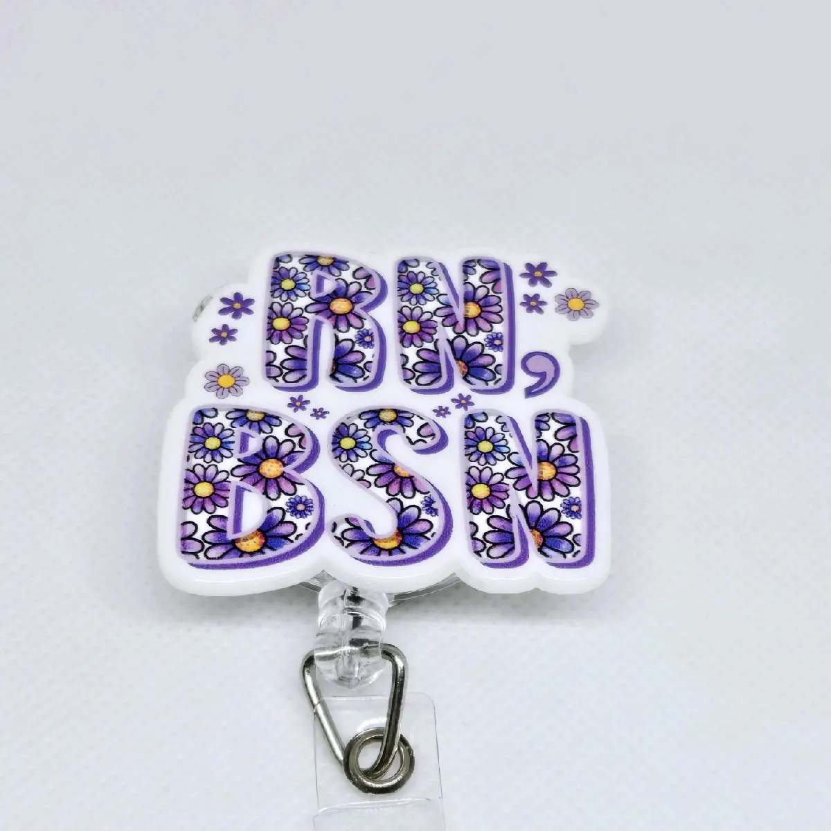 RN,BSN Registered Nurse Purple Floral Acrylic Retractable Badge ID Reel Belt or Alligator Clip retractable clip