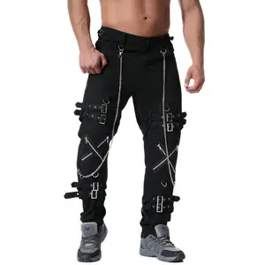 [Gothic Punk Rock Style] Black Cotton Techwear Cargo Pants - Multi-Pocket Design with Chain & Buckle Details for Skateboarding & Casual Wear
